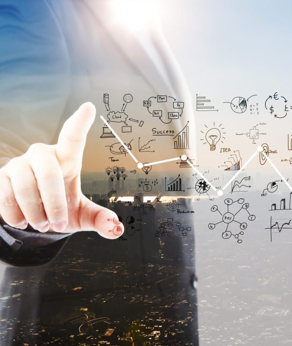 Abstract Double exposure of Business man touching an imaginary screen against white background